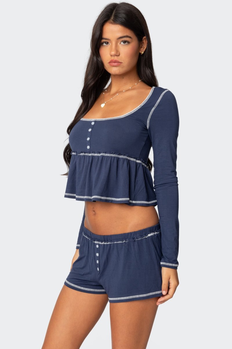 Edikted Arianne Contrast Babydoll Long Sleeve Tops Navy | USA NP226102Y3