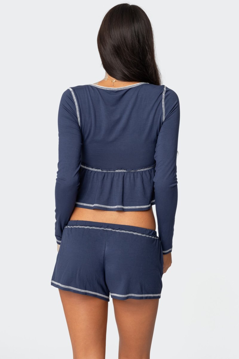Edikted Arianne Contrast Babydoll Long Sleeve Tops Navy | USA NP226102Y3