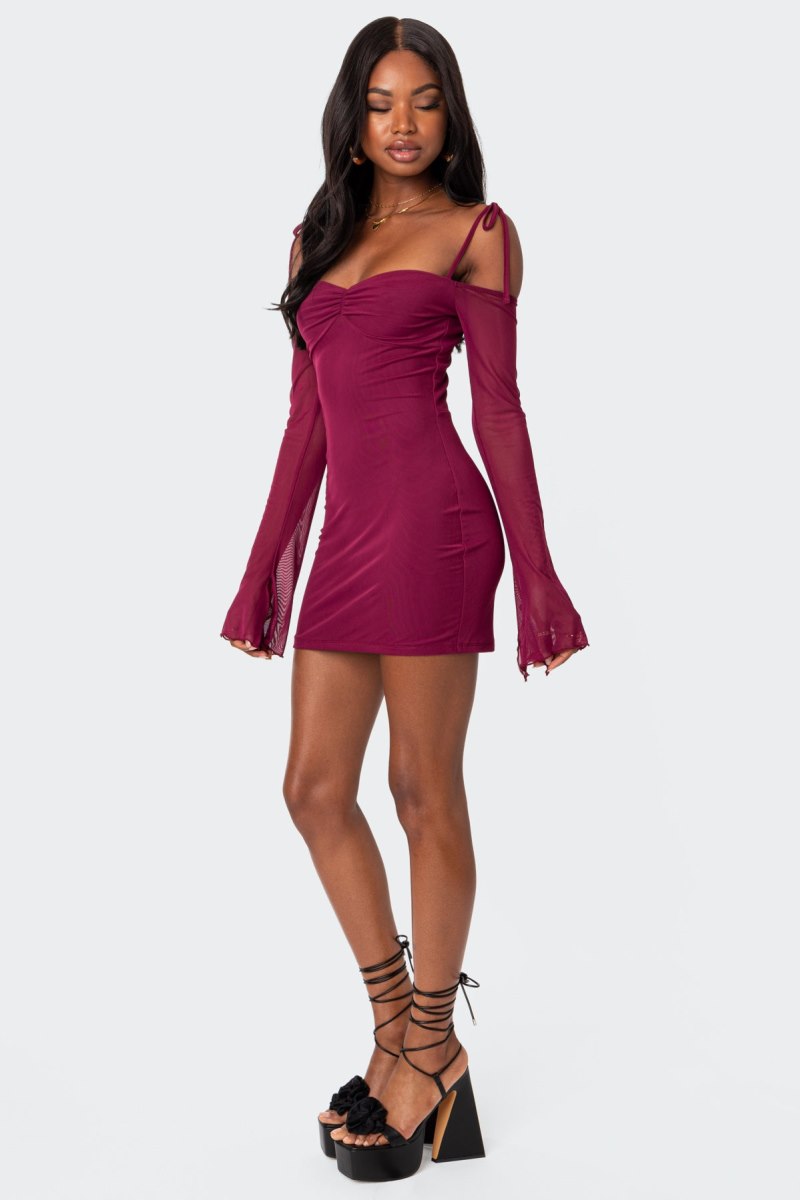 Edikted Ariel Off Shoulder Mesh Mini Long Sleeve Dress Burgundy | USA QA303420S9