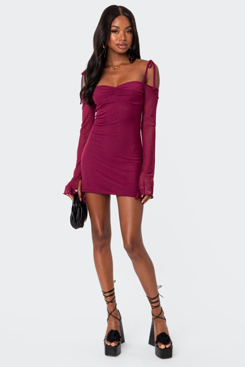 Edikted Ariel Off Shoulder Mesh Mini Long Sleeve Dress Burgundy | USA QA303420S9