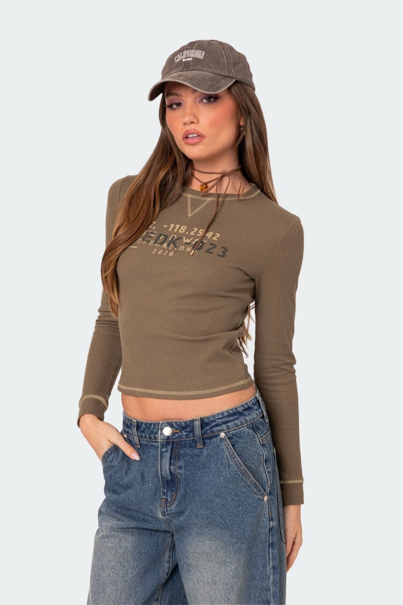 Edikted Army Wife Ribbed T Shirt Graphic Tops Olive | USA LF431813J0