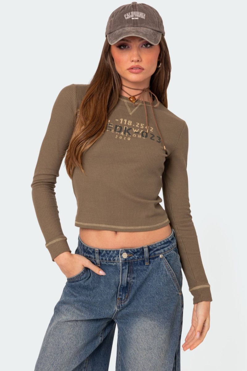 Edikted Army Wife Ribbed T Shirt Graphic Tops Olive | USA LF431813J0