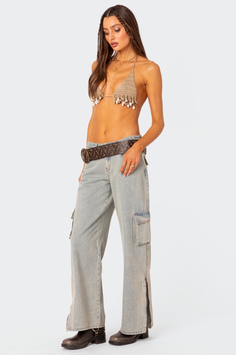 Edikted Aruba Beaded Crochet Bra Crop Tops Beige | USA IR852245H8
