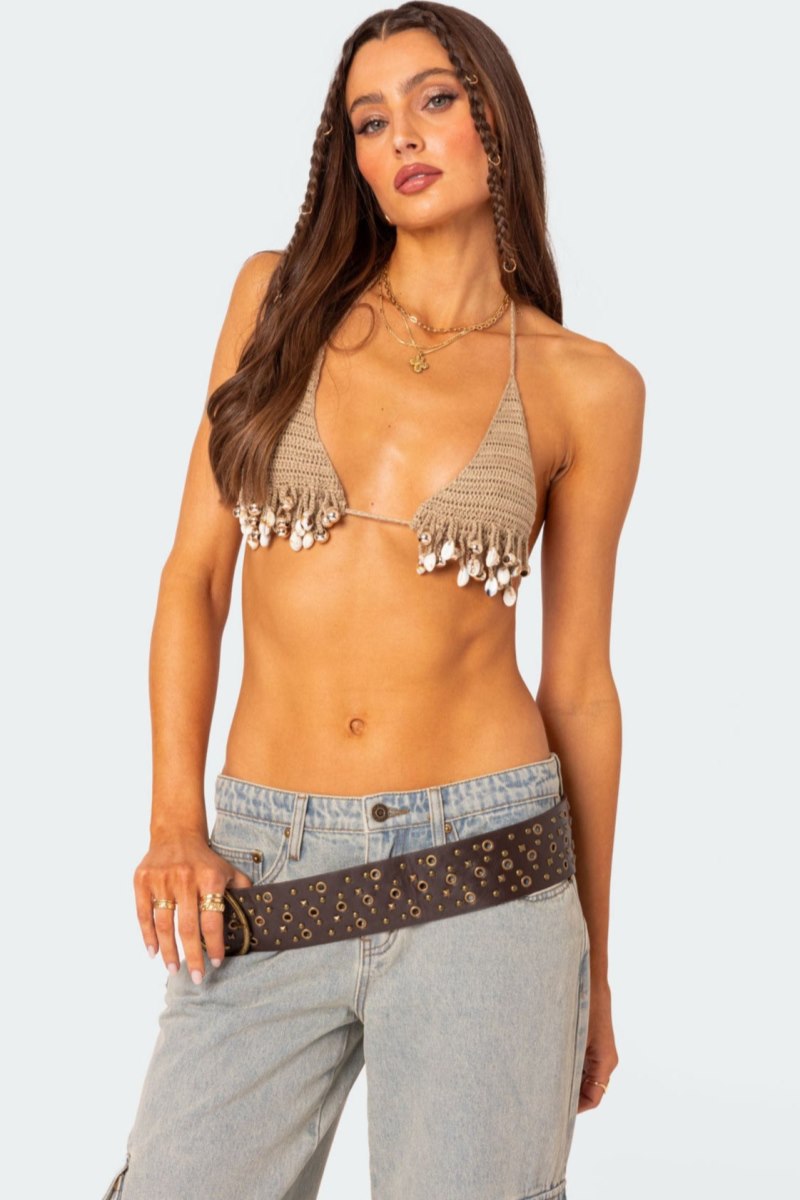 Edikted Aruba Beaded Crochet Bra Crop Tops Beige | USA IR852245H8