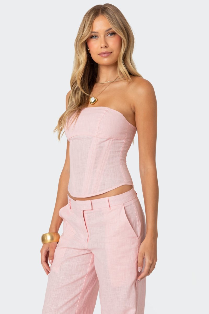 Edikted Arya Linen Look Corset Strapless Tops Cream | USA PF163636W9