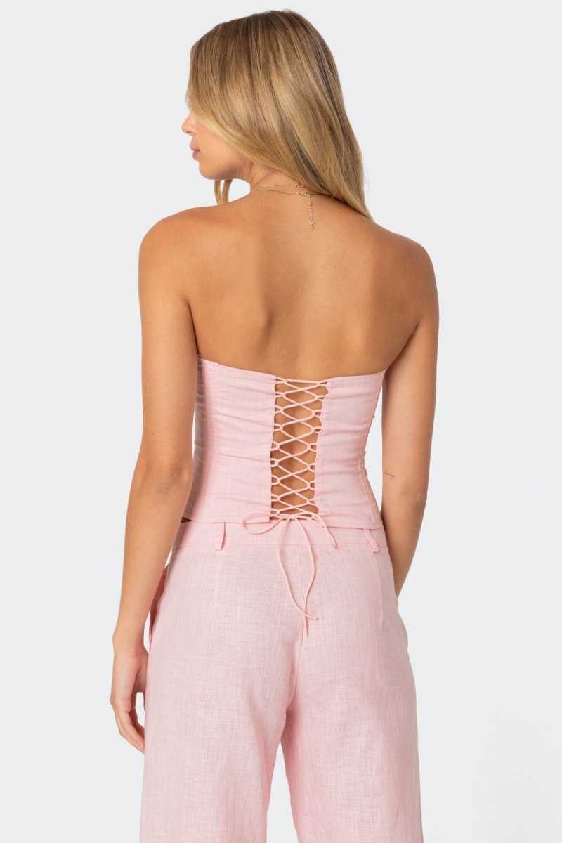 Edikted Arya Linen Look Corset Strapless Tops Cream | USA PF163636W9