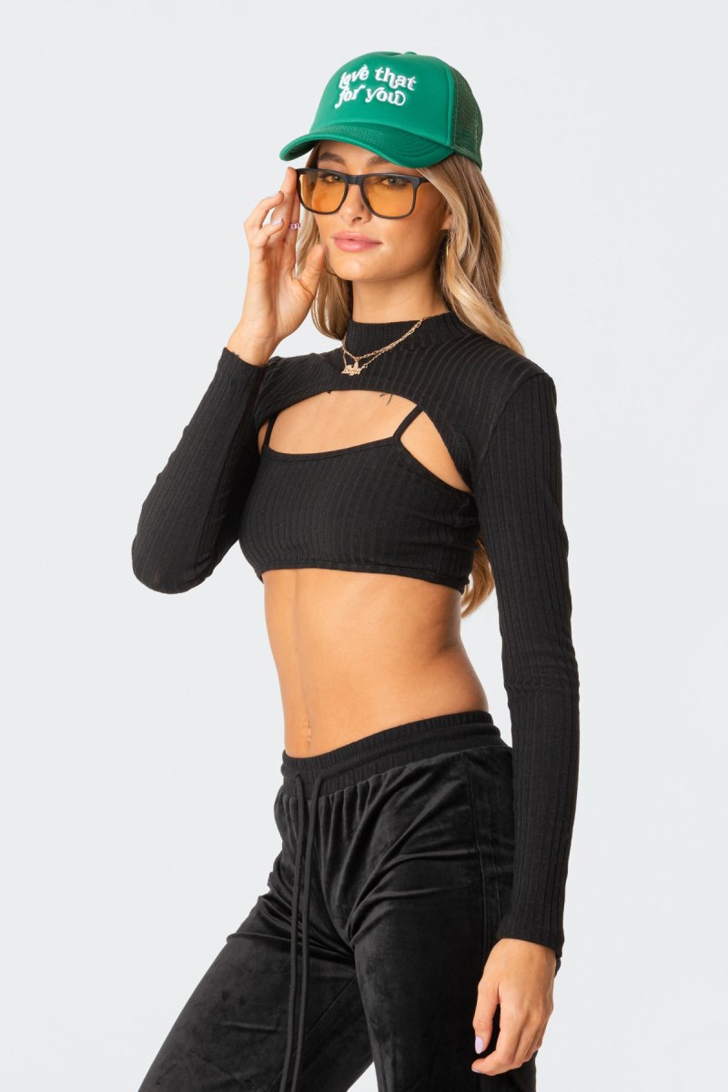 Edikted Ash Ribbed Two-Piece Long Sleeve Tops Black | USA YS824932U3