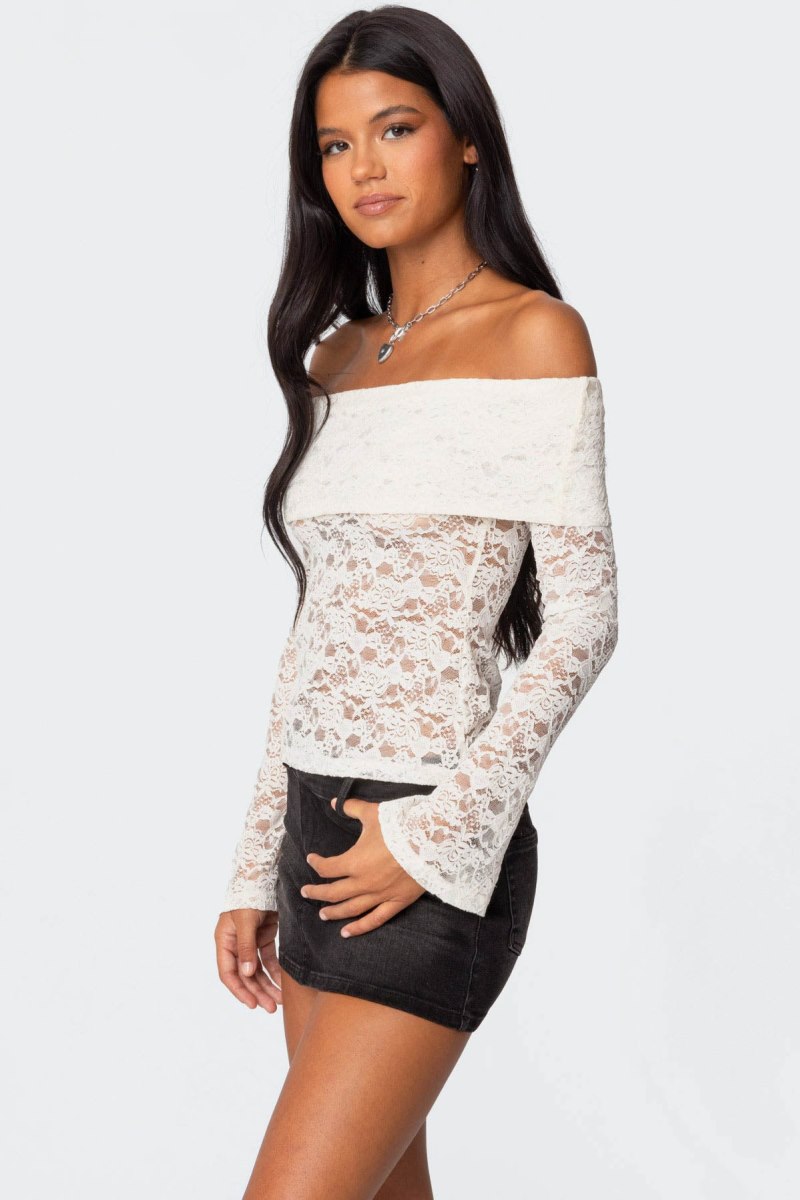 Edikted Ashley Off Shoulder Sheer Lace Long Sleeve Tops Cream | USA BX078947R4