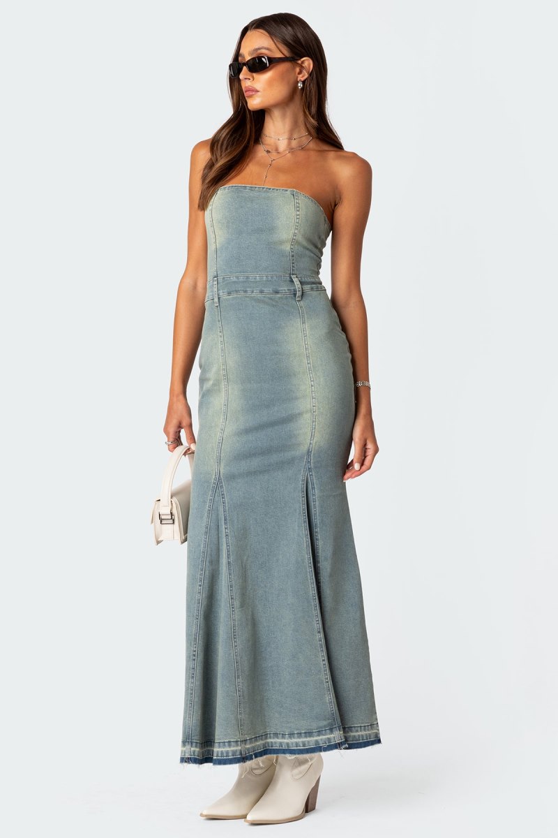 Edikted Astoria Slitted Denim Maxi Dress Maxi Dress Blue Washed | USA TF898029P1