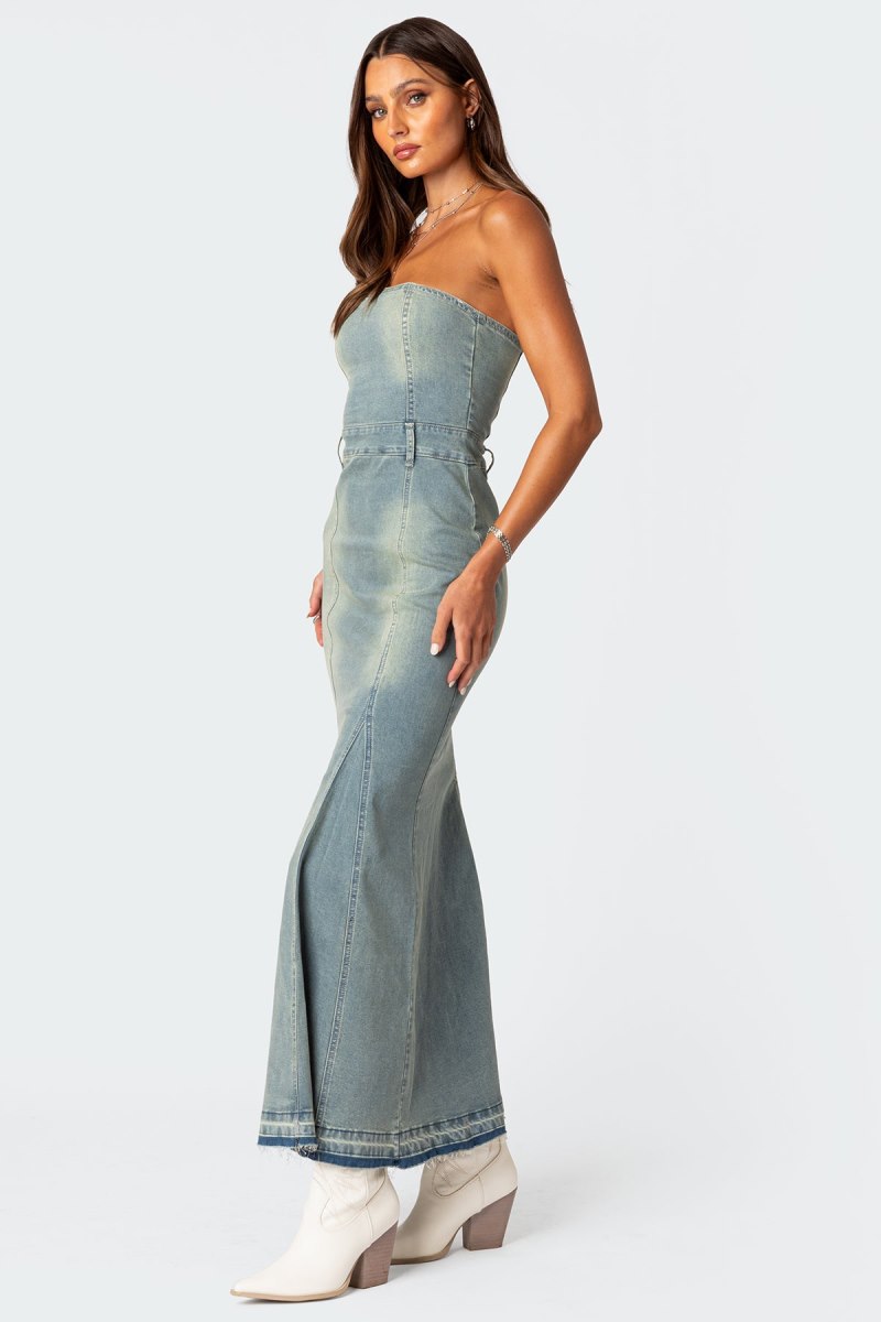 Edikted Astoria Slitted Denim Maxi Dress Maxi Dress Blue Washed | USA TF898029P1