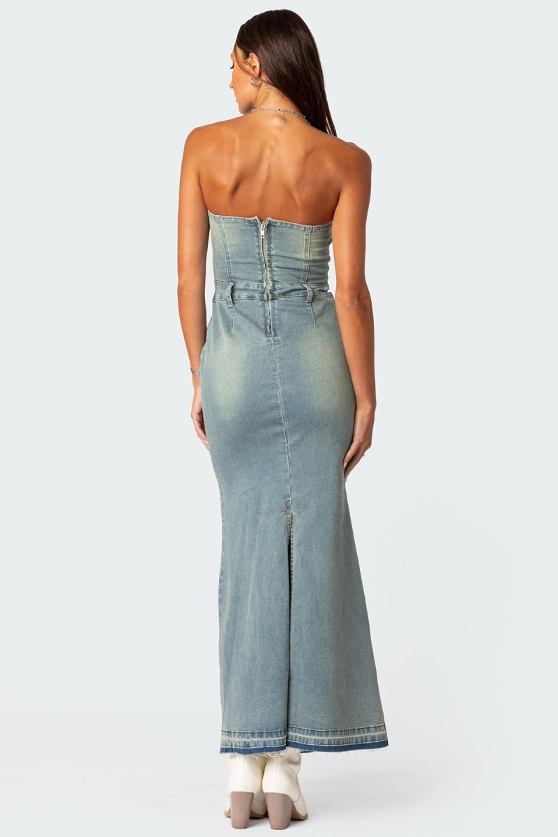 Edikted Astoria Slitted Denim Maxi Dress Maxi Dress Blue Washed | USA TF898029P1