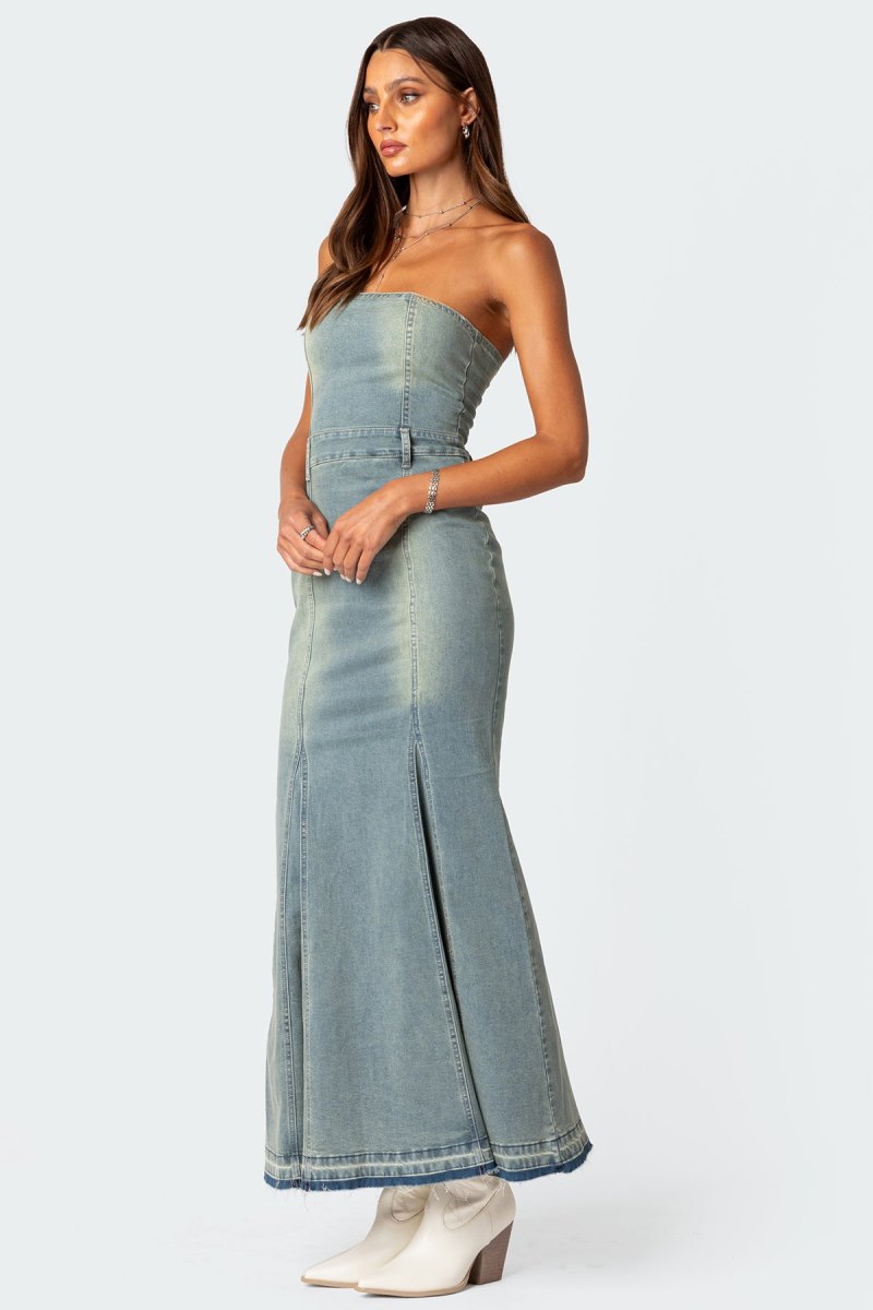 Edikted Astoria Slitted Denim Maxi Dress Maxi Dress Blue Washed | USA TF898029P1