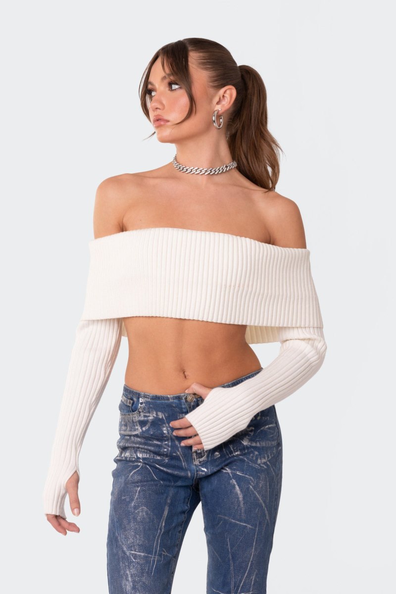 Edikted Astrea Fold Over Cropped Sweater Knitted Tops Cream | USA VT827972P2