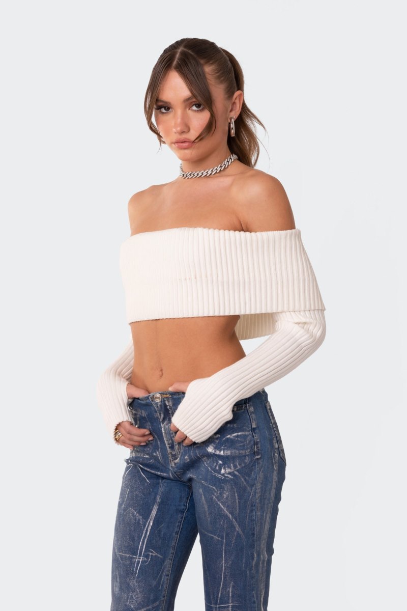 Edikted Astrea Fold Over Cropped Sweater Long Sleeve Tops Cream | USA RF919131A8