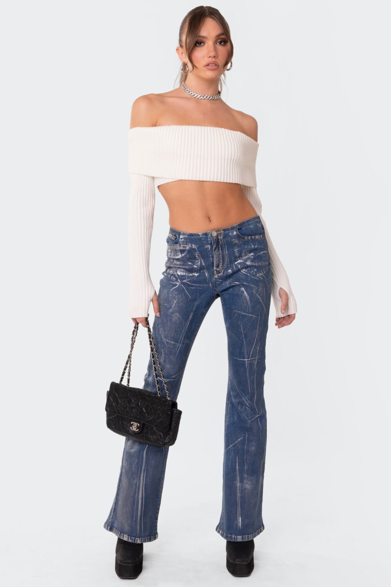Edikted Astrea Fold Over Cropped Sweater Long Sleeve Tops Cream | USA RF919131A8