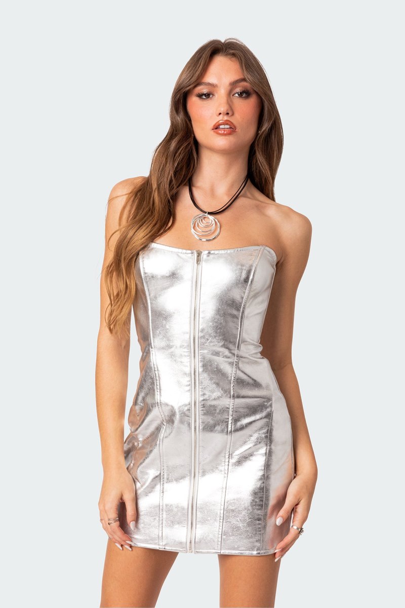 Edikted Astro Zip Up Metallic Mini Dress Silver | USA SS541424J8