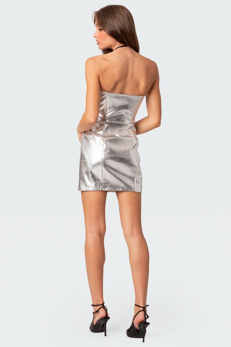 Edikted Astro Zip Up Metallic Mini Dress Silver | USA SS541424J8