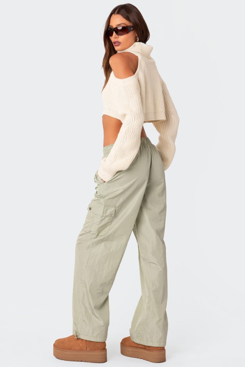 Edikted Asymmetric Cropped Open Shoulder Turtle Neck Sweater Long Sleeve Tops Cream | USA AL788508L3