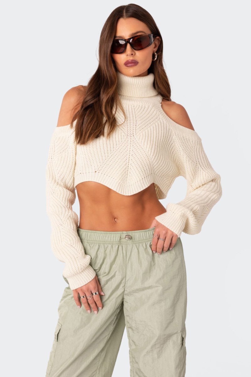 Edikted Asymmetric Cropped Open Shoulder Turtle Neck Sweater Cream | USA HH195229Q3