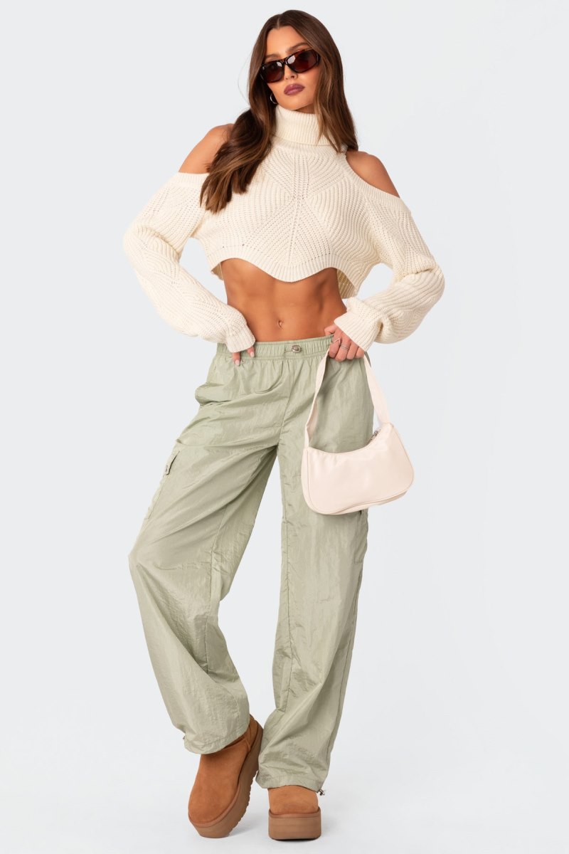 Edikted Asymmetric Cropped Open Shoulder Turtle Neck Sweater Crop Tops Cream | USA PC087088P6