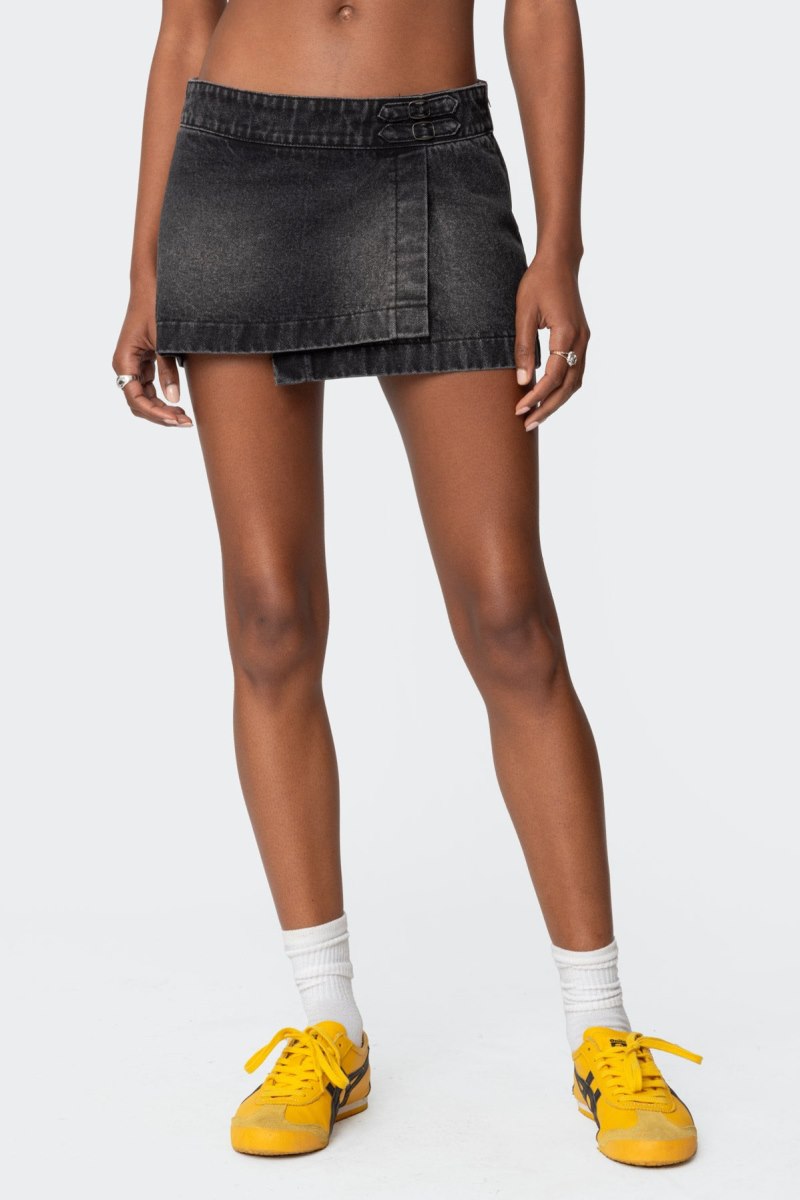 Edikted Asymmetric Denim Wrap Skorts Black | USA EE497599C2