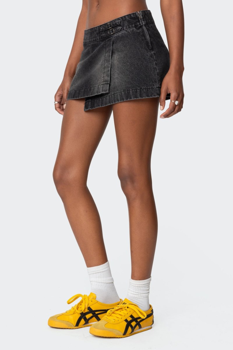 Edikted Asymmetric Denim Wrap Skorts Black | USA EE497599C2