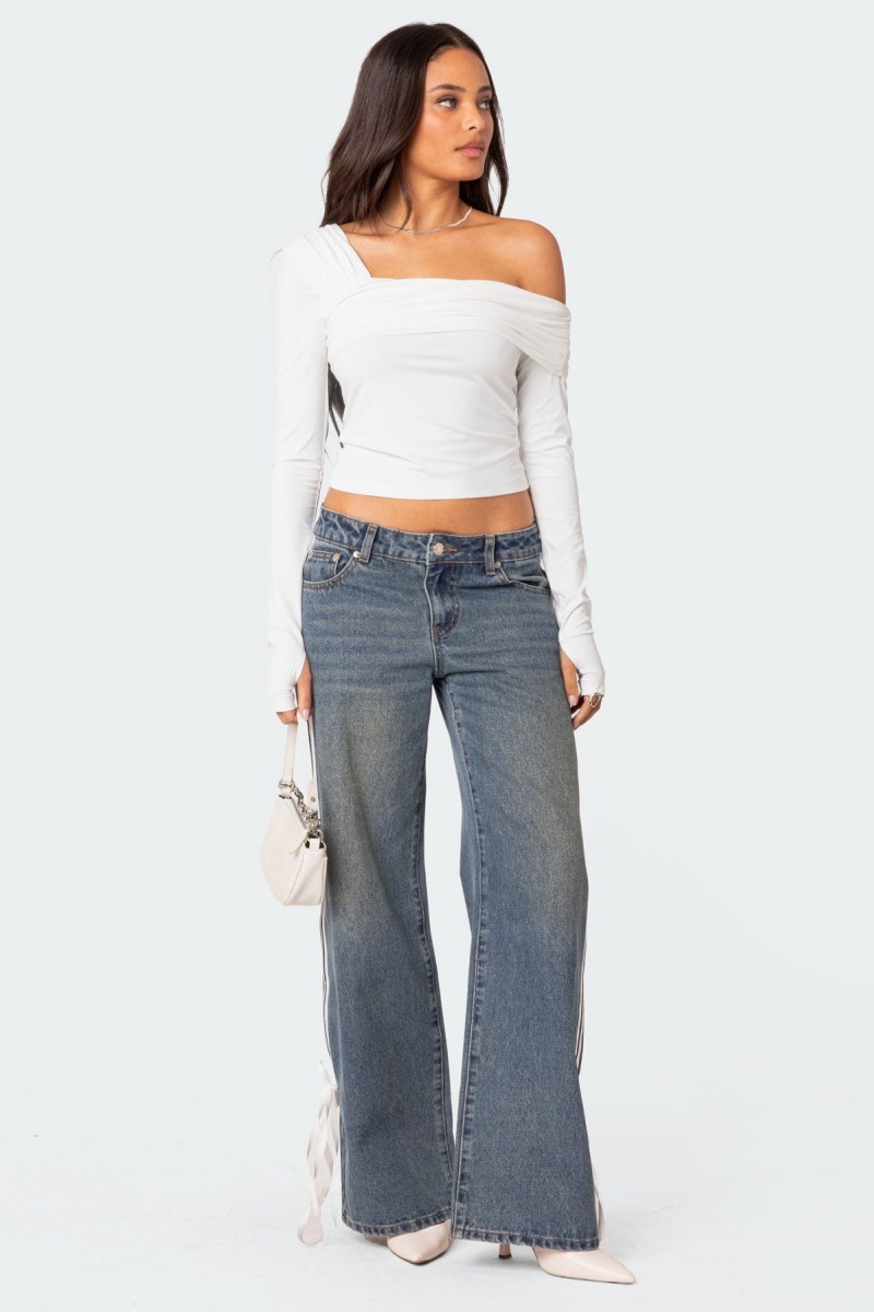 Edikted Asymmetric Fold Over Long Sleeve Tops White | USA SH248314Q9