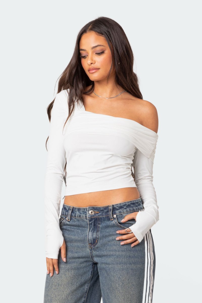 Edikted Asymmetric Fold Over Long Sleeve Tops White | USA SH248314Q9