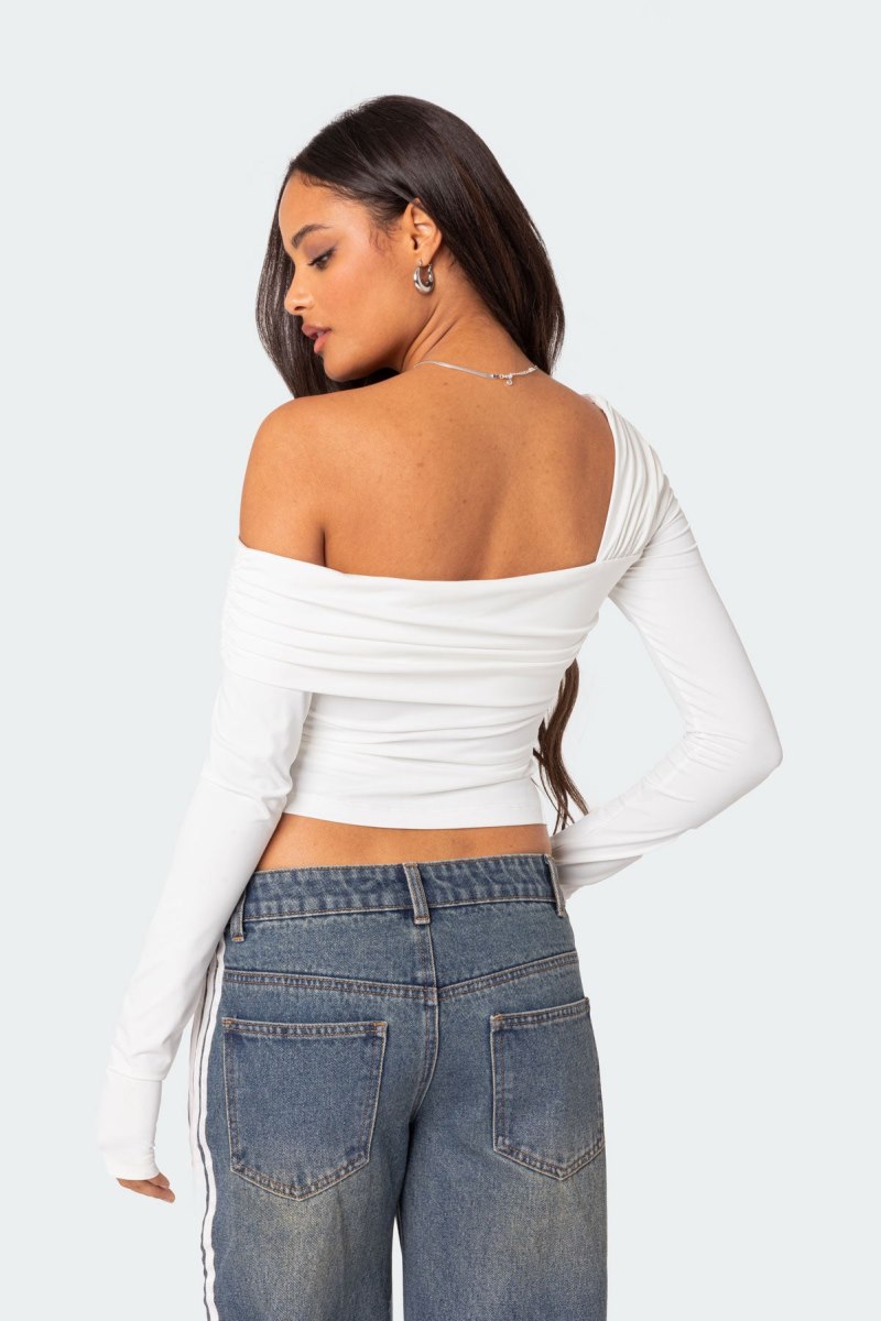 Edikted Asymmetric Fold Over Long Sleeve Tops White | USA SH248314Q9