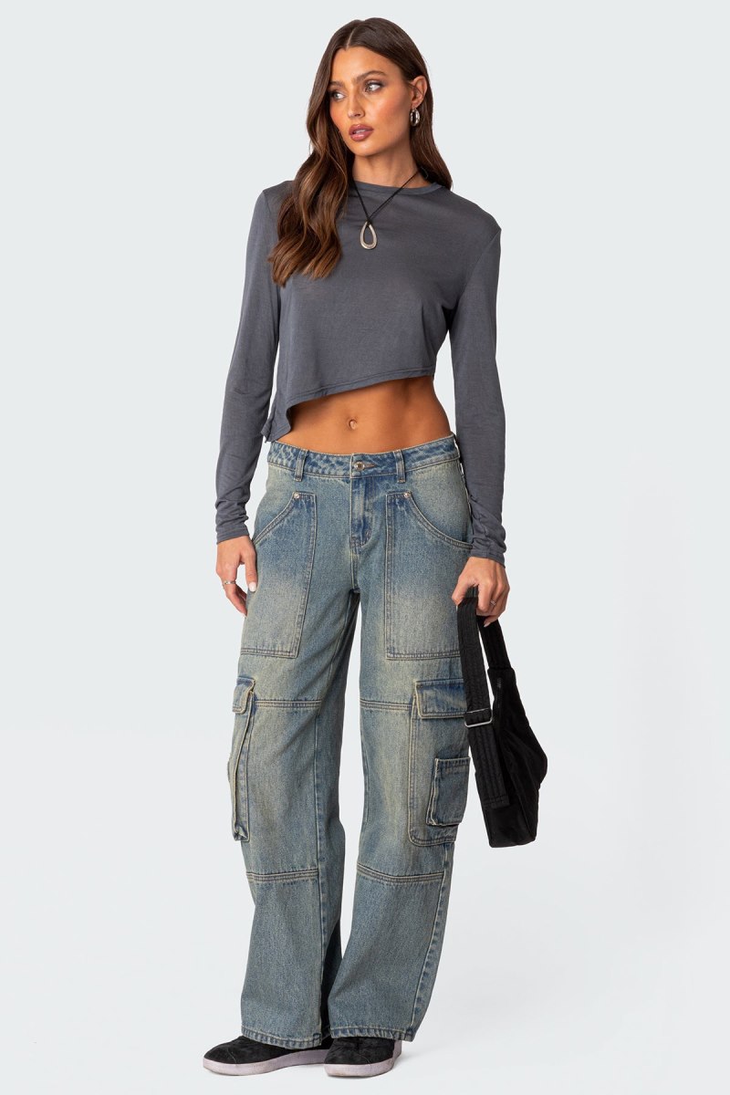 Edikted Asymmetric Long Sleeve Tops Gray | USA XA216541W0