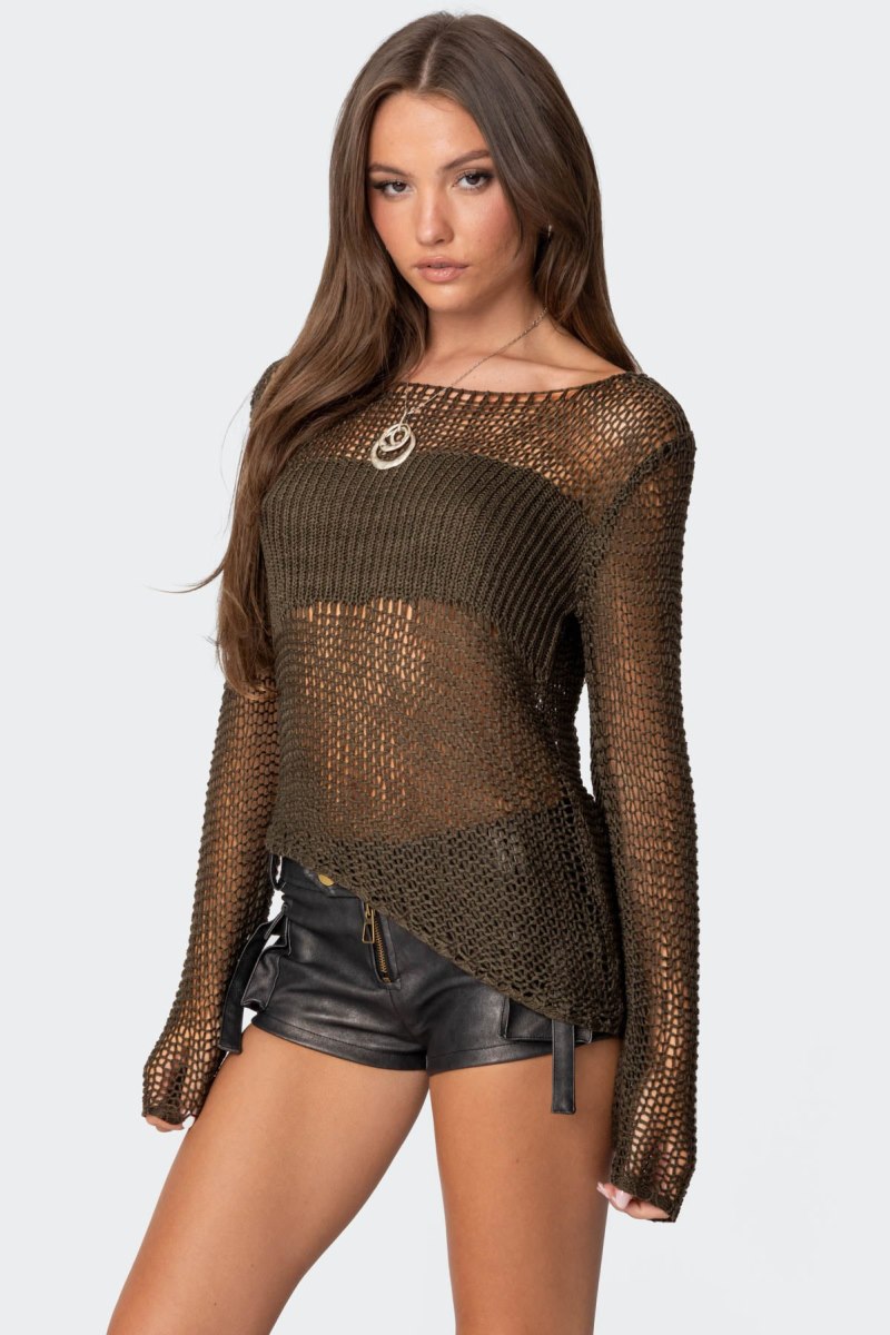 Edikted Asymmetric Open Knitted Tops Olive | USA WB544064D8