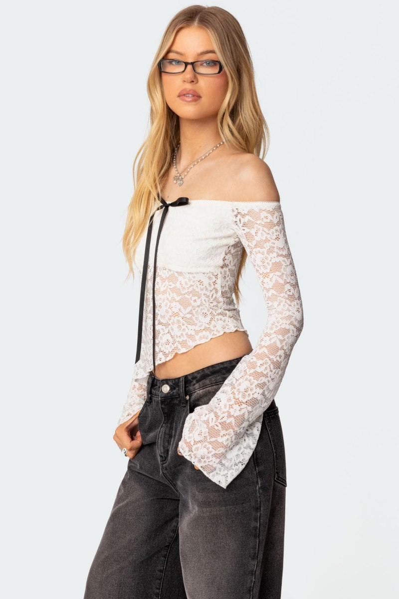 Edikted Asymmetric Sheer Lace Off Shoulder Long Sleeve Tops White | USA MJ101750N1