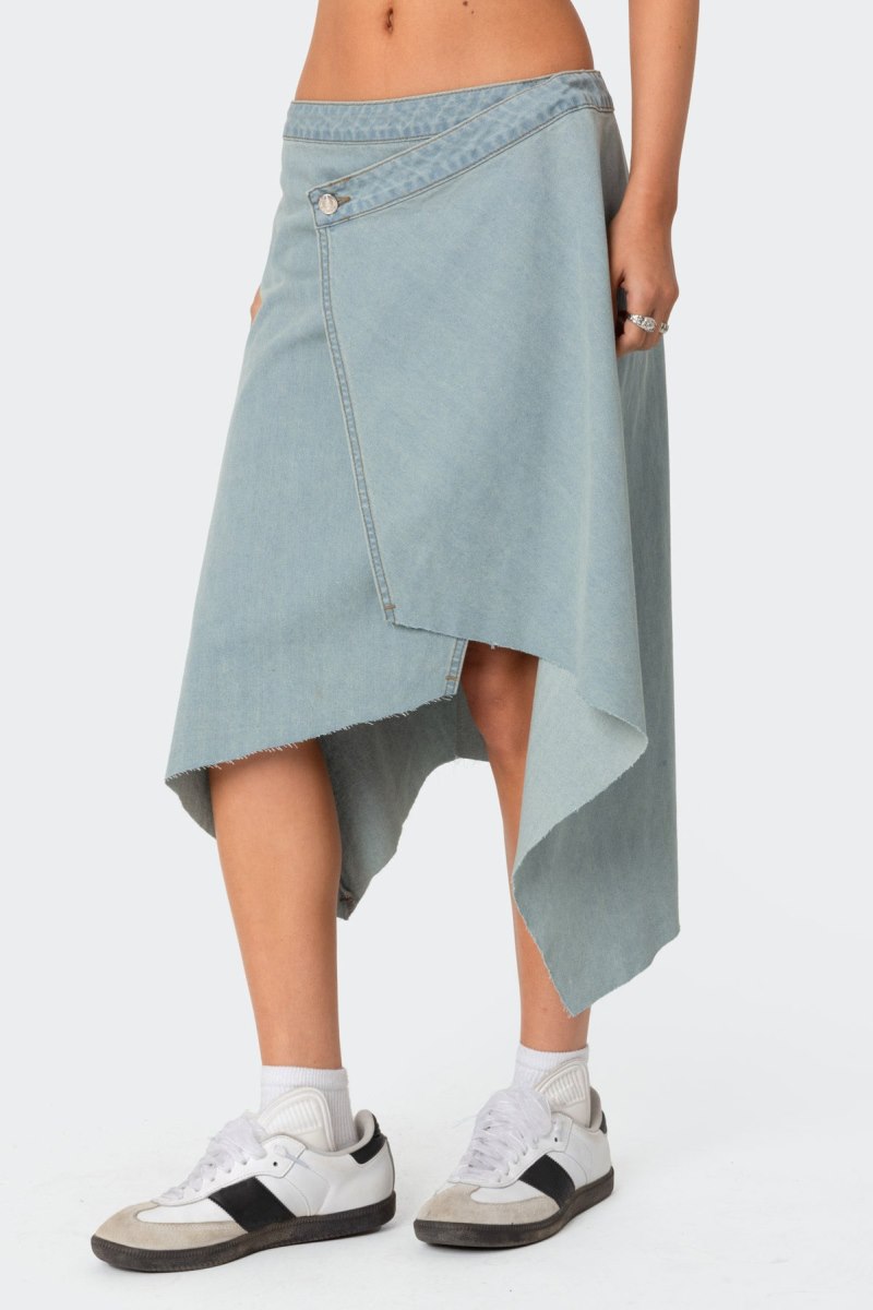 Edikted Asymmetric Wrapped Denim Midi Skirts Light Blue | USA HG629812M9