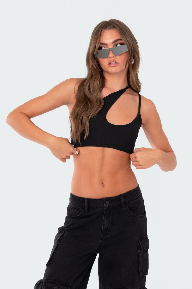 Edikted Asymmetrical Ribbed Cut Out Crop Tops Black | USA BK460916D1