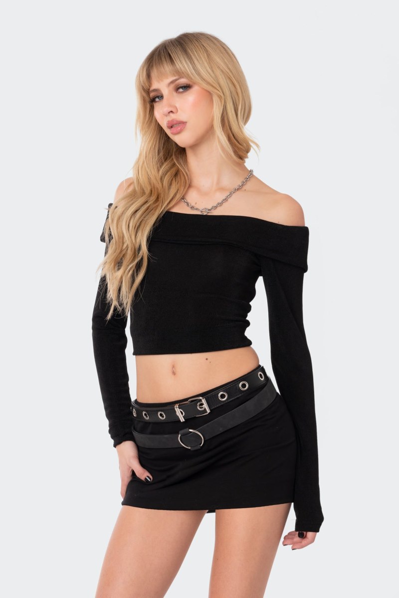 Edikted Athena Fold Over Long Sleeve Tops Black | USA OP448574N1
