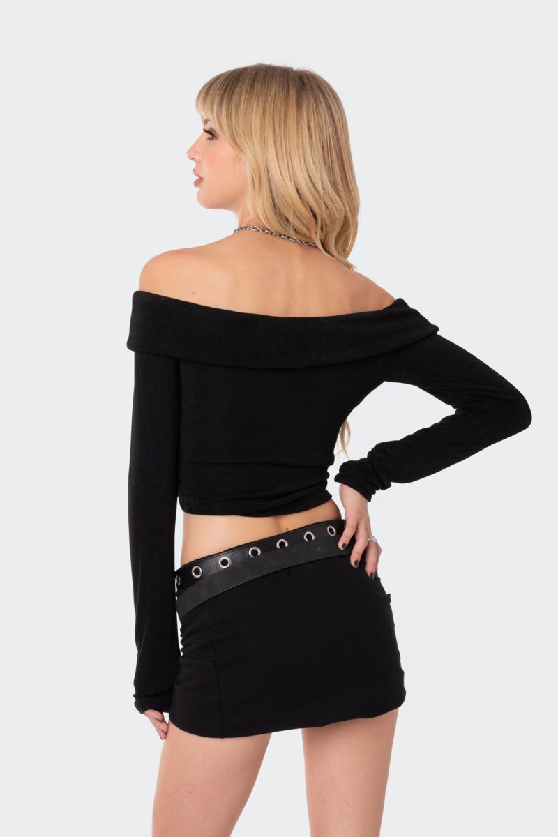 Edikted Athena Fold Over Long Sleeve Tops Black | USA OP448574N1
