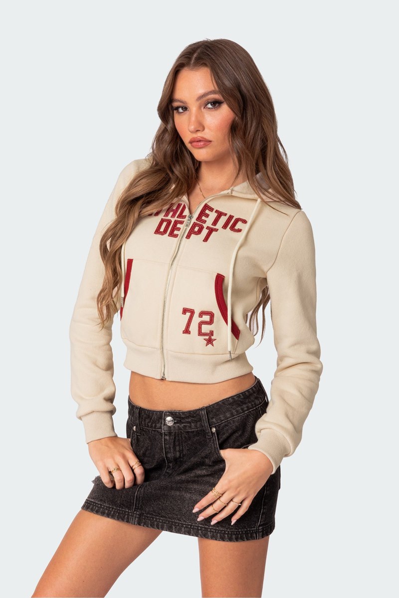 Edikted Athletic Dept Cropped Zip Up Hoodie Crop Tops Cream | USA OO567006U9