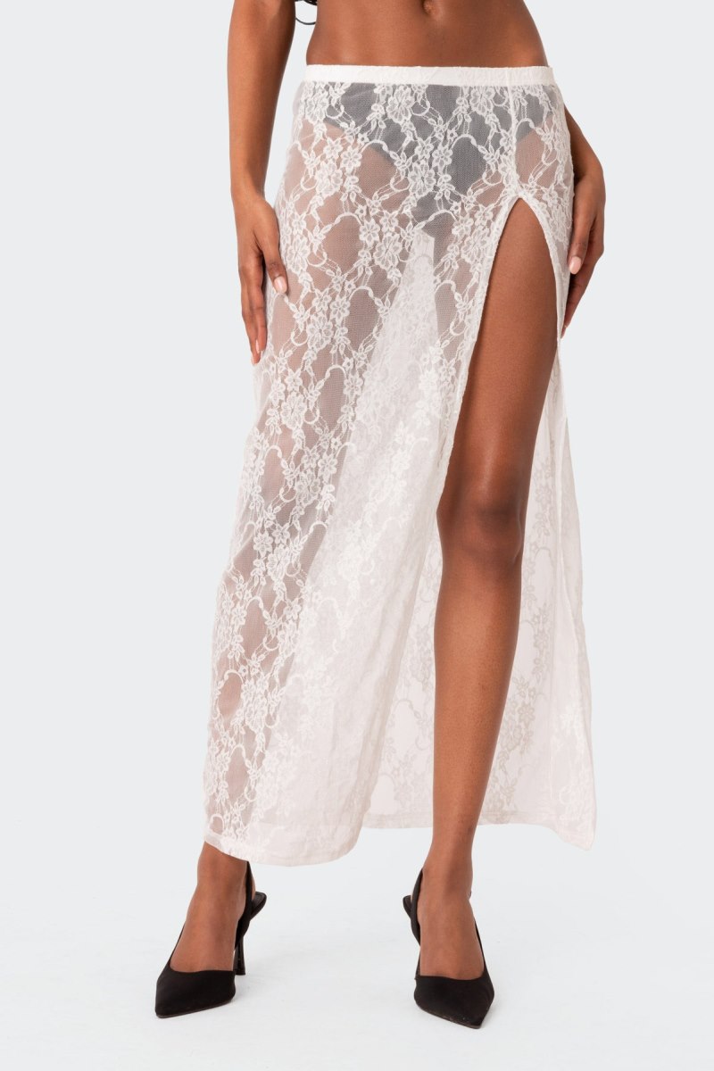 Edikted Aura Low Rise Sheer Lace Maxi Skirts Black | USA QA591849H8
