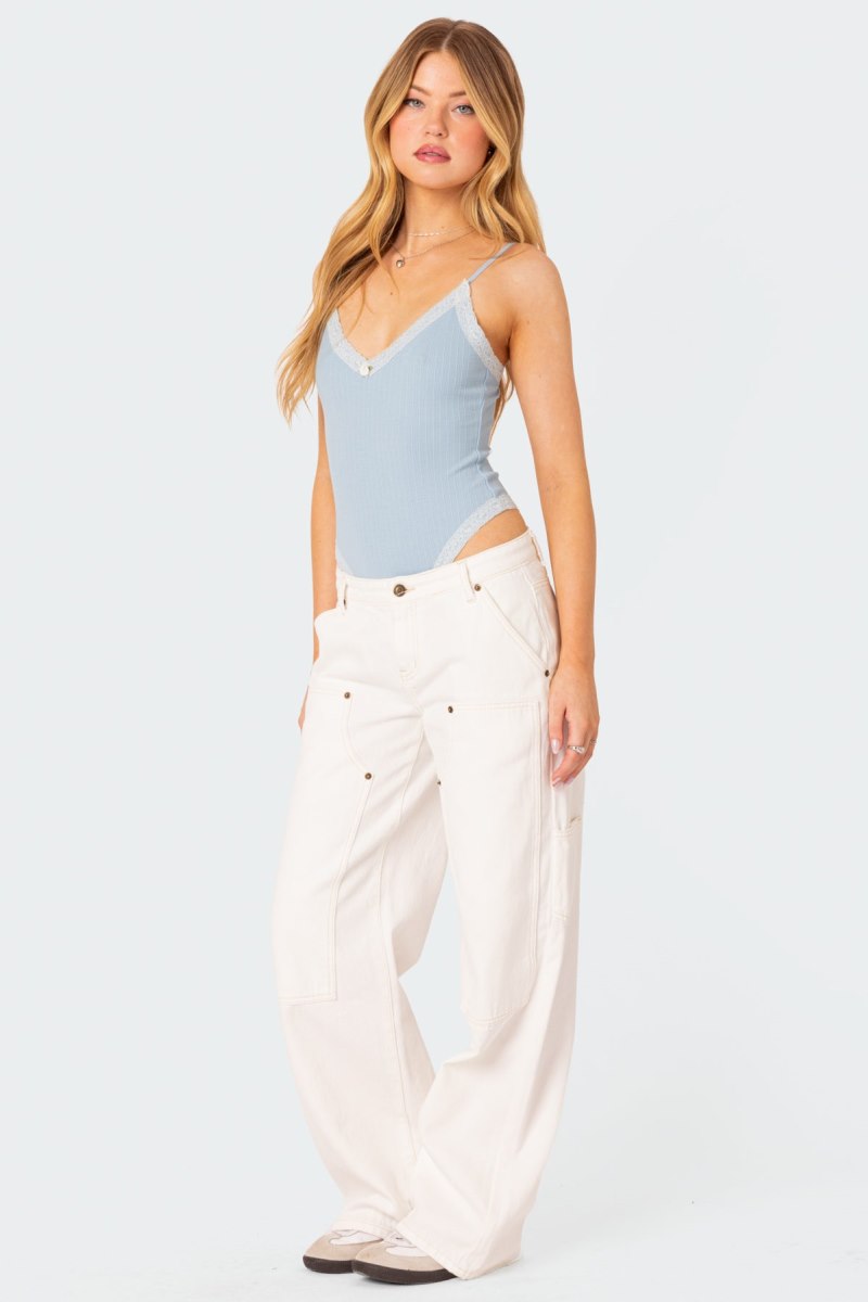 Edikted Aurora Lace Trim Bodysuit Light Blue | USA GA604730U3
