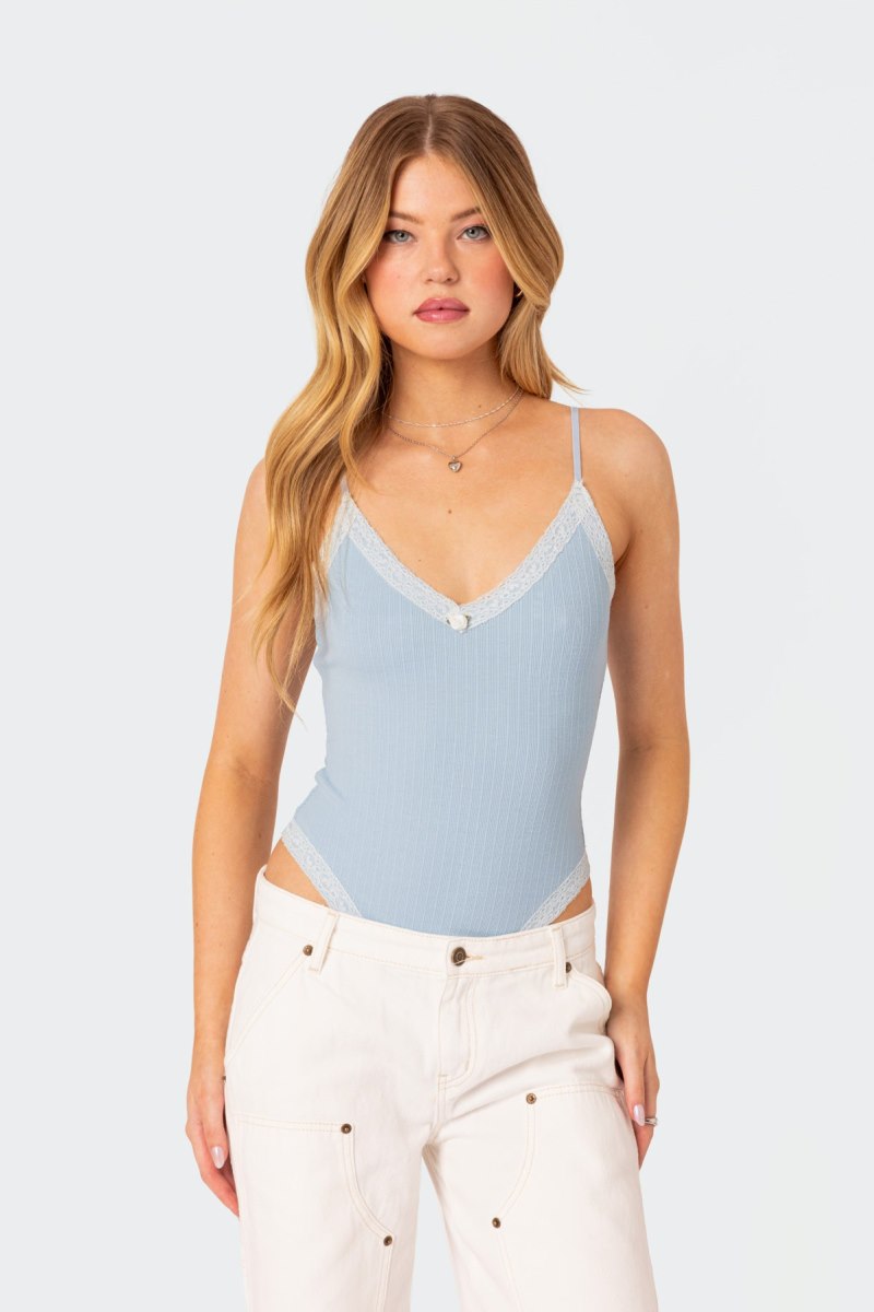 Edikted Aurora Lace Trim Bodysuit Light Blue | USA GA604730U3