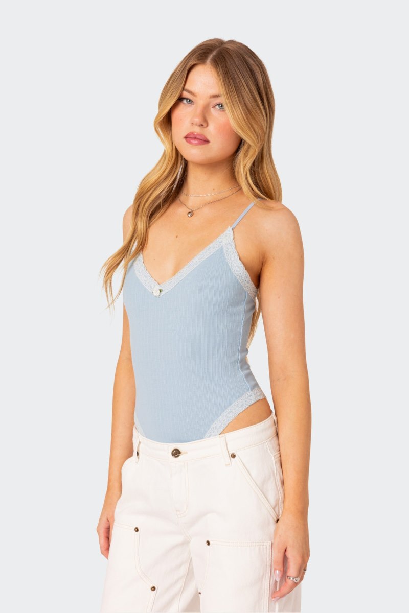 Edikted Aurora Lace Trim Bodysuit Light Blue | USA GA604730U3