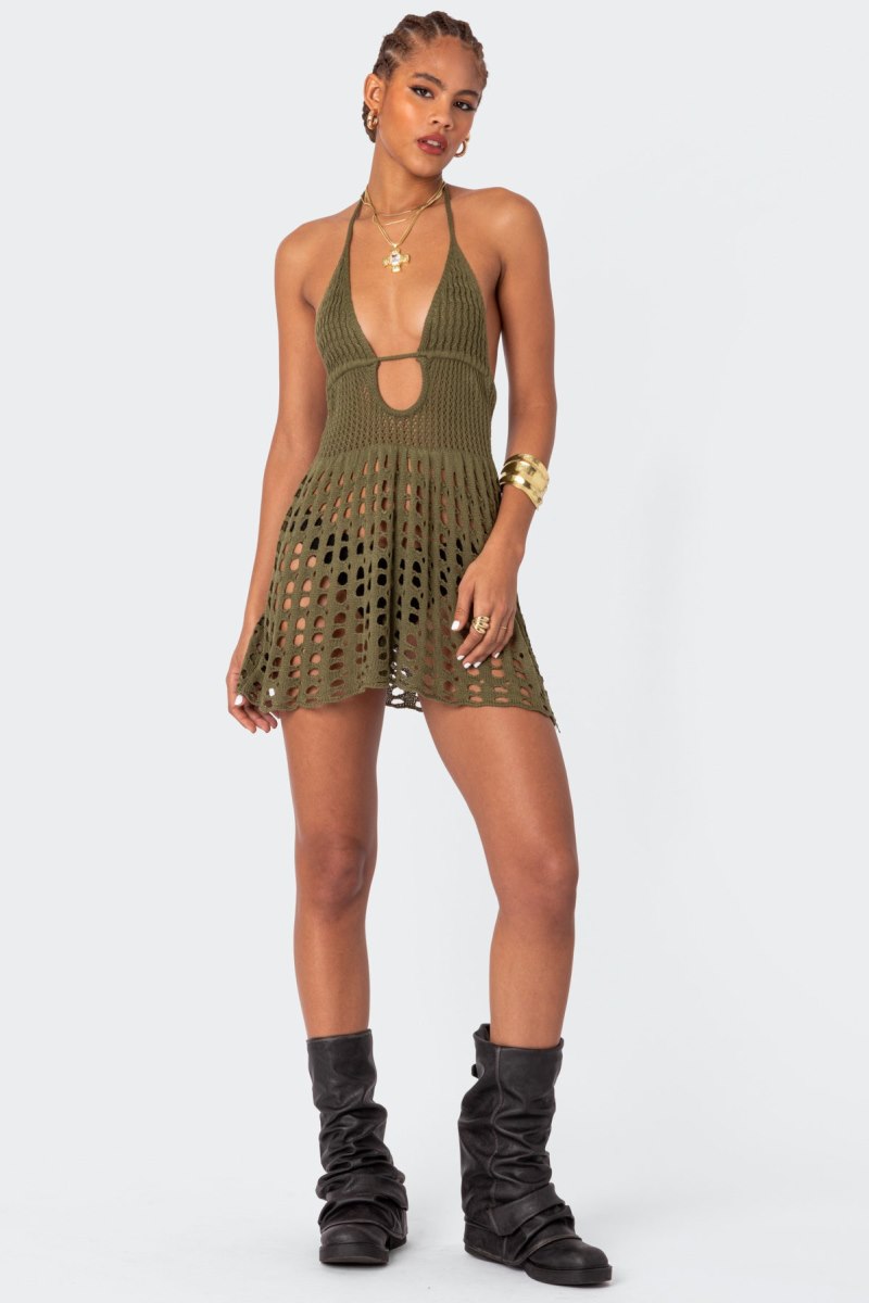 Edikted Austin Open Back Crochet Mini Dress Olive | USA JV409790L0