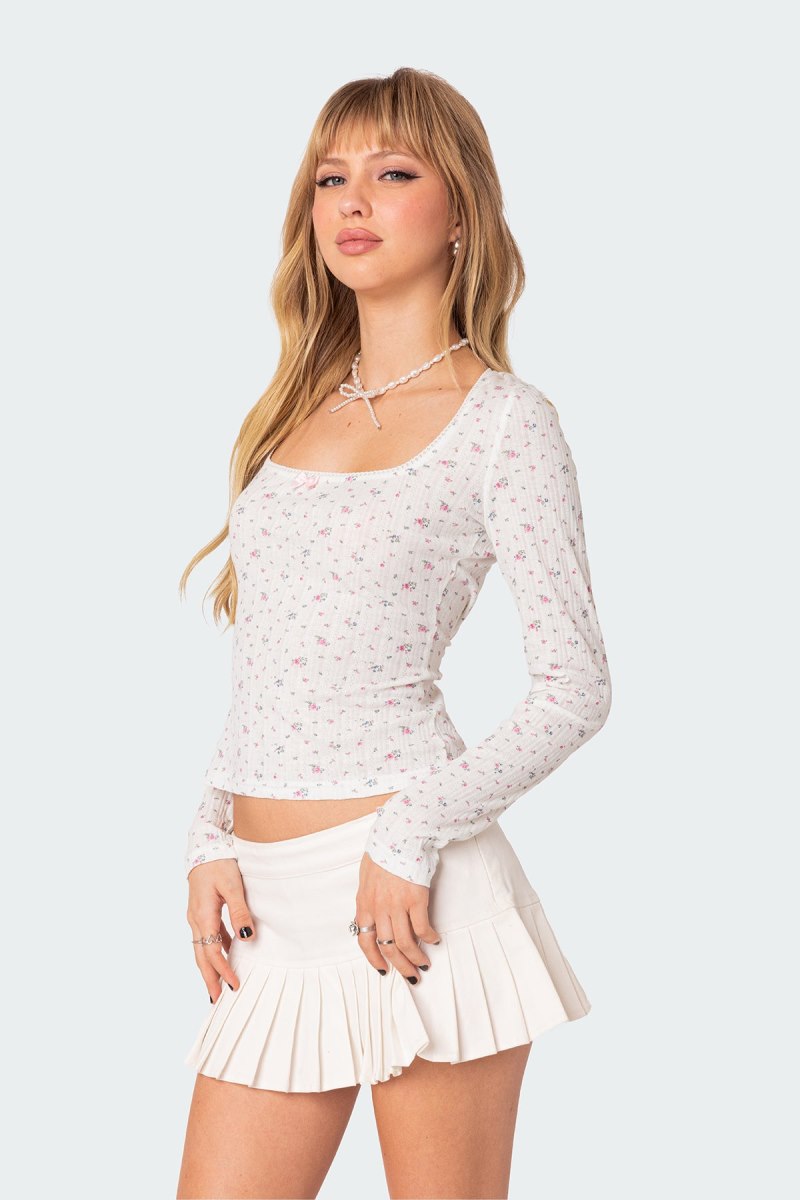 Edikted Aviana Printed Pointelle Long Sleeve Tops Cream | USA GI995069L6
