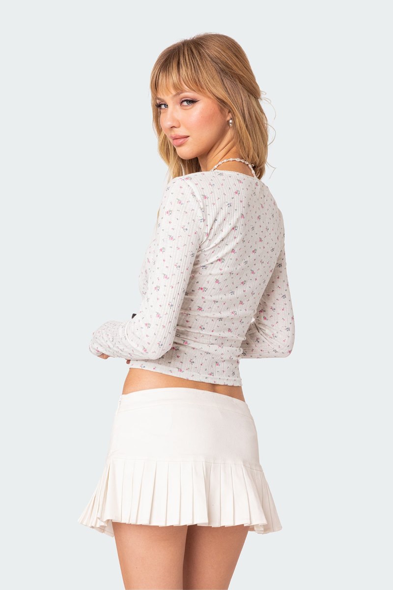 Edikted Aviana Printed Pointelle Long Sleeve Tops Cream | USA GI995069L6
