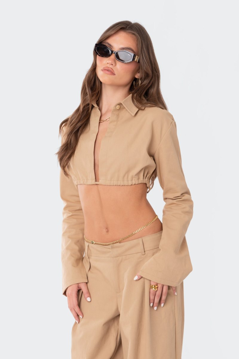 Edikted Avianna Open Back Collared Shirt Long Sleeve Tops Camel | USA HJ146224S8