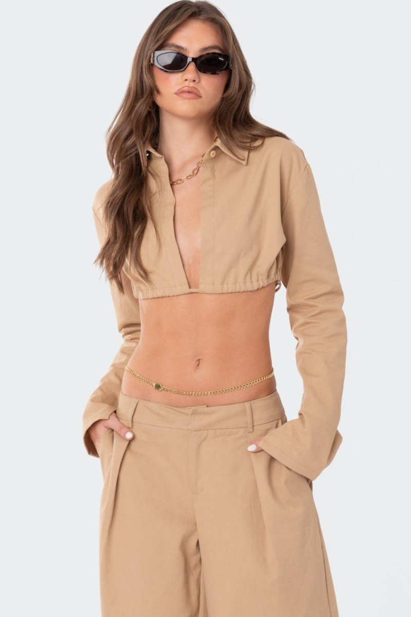 Edikted Avianna Open Back Collared Shirt Long Sleeve Tops Camel | USA HJ146224S8