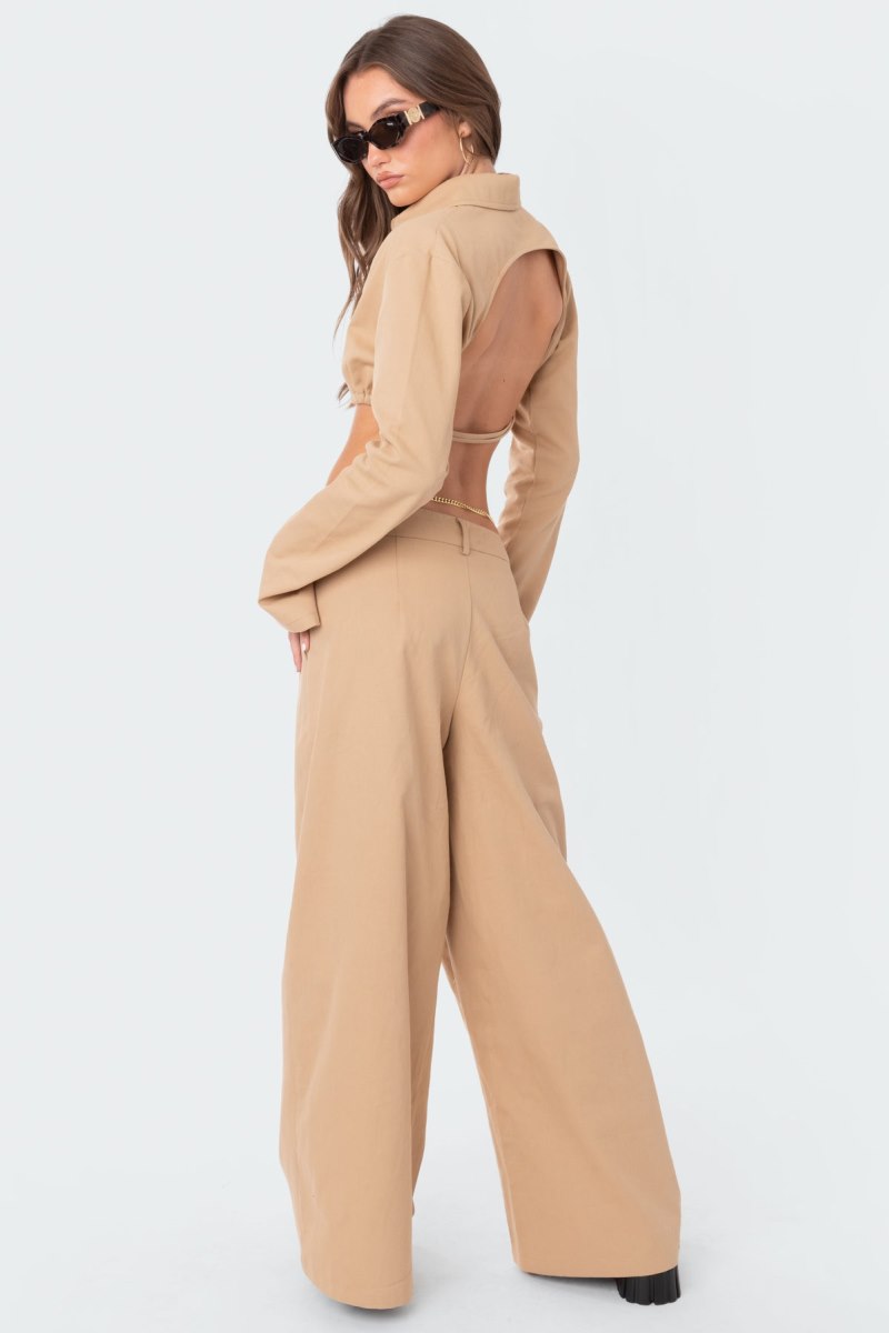 Edikted Avianna Open Back Collared Shirt Crop Tops Camel | USA KJ015261D1