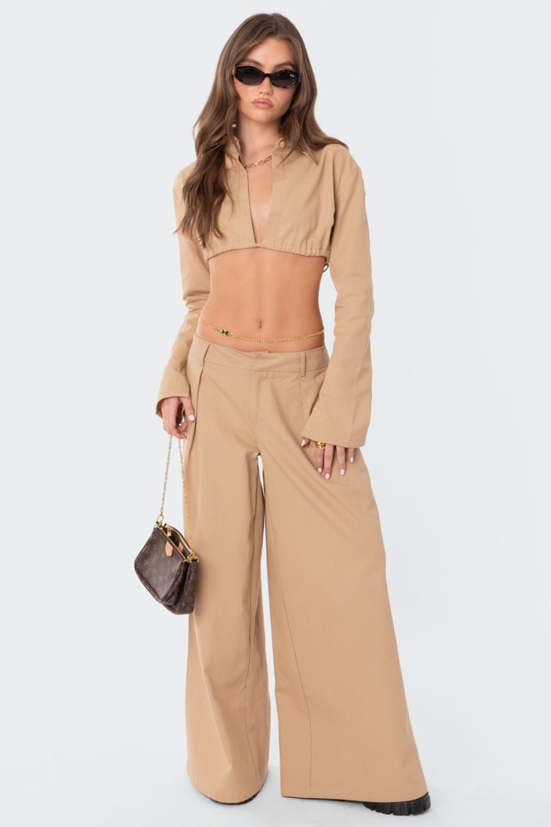 Edikted Avianna Open Back Collared Shirt Crop Tops Camel | USA KJ015261D1