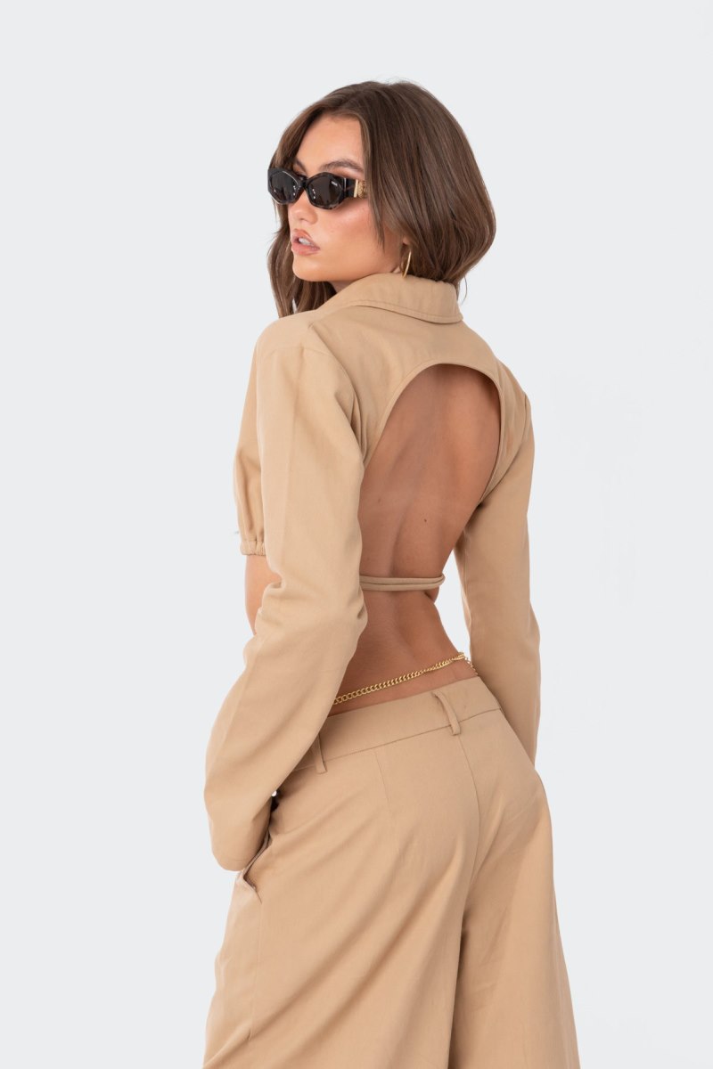 Edikted Avianna Open Back Collared Shirt Crop Tops Camel | USA KJ015261D1