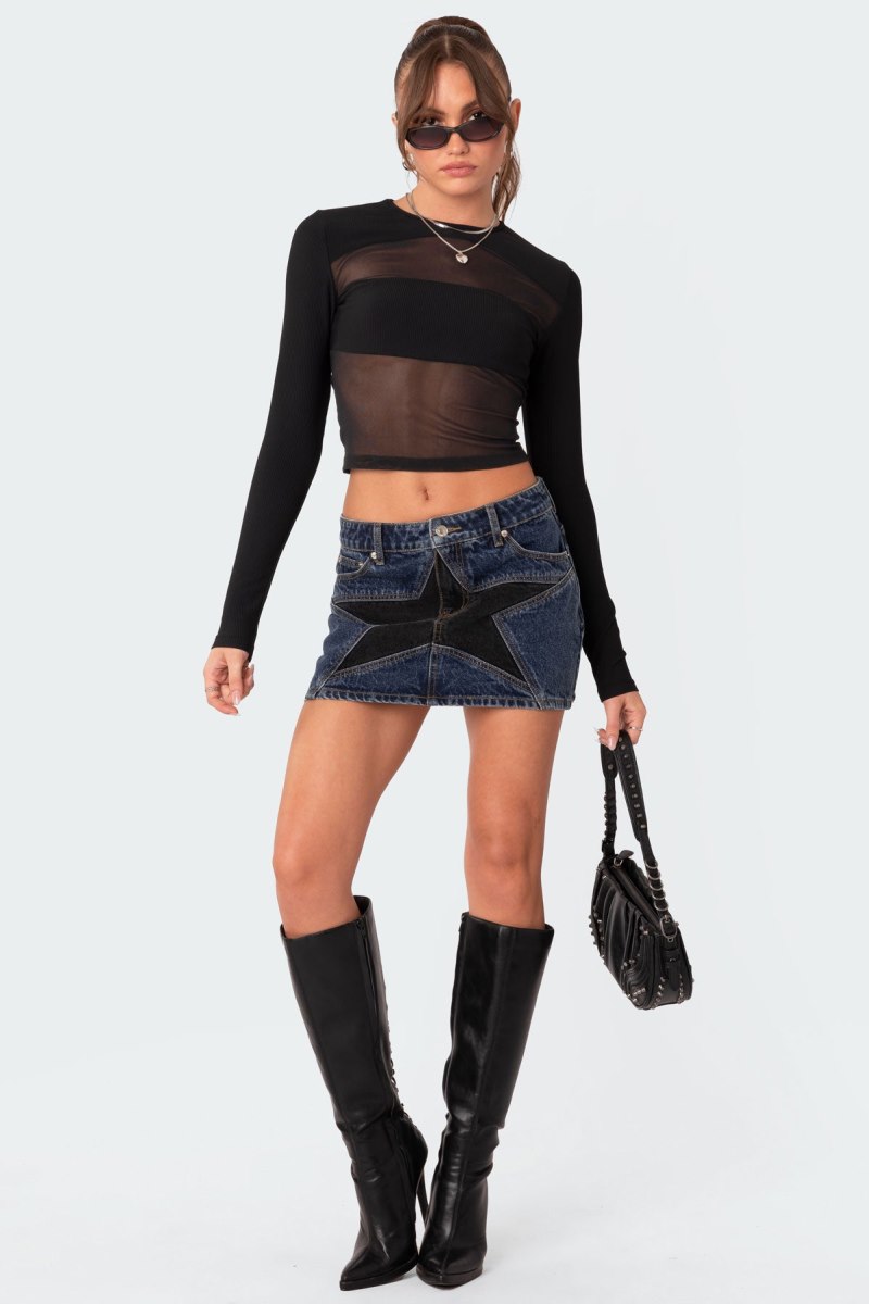 Edikted Azal Half Ribbed Mesh Long Sleeve Tops Black | USA ML680668S3